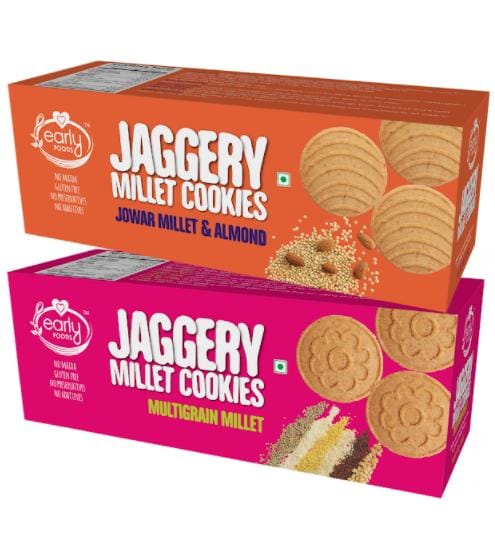 Early Foods Assorted Pack of 2 - Jowar & Multigrain Millet Jaggery Cookies X 2, 150g each