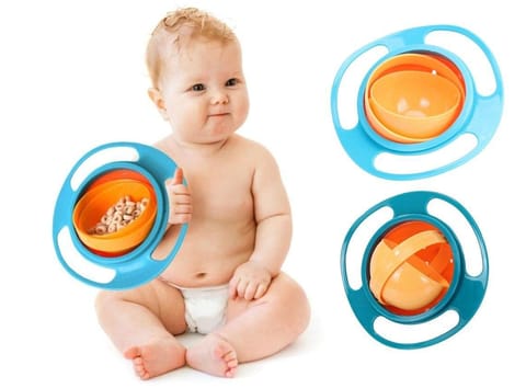 Safe-O-Kid Baby Feeding 360 Degree Rotation Gyro Bowl/ Squeezy Spoon, Blue - Combo