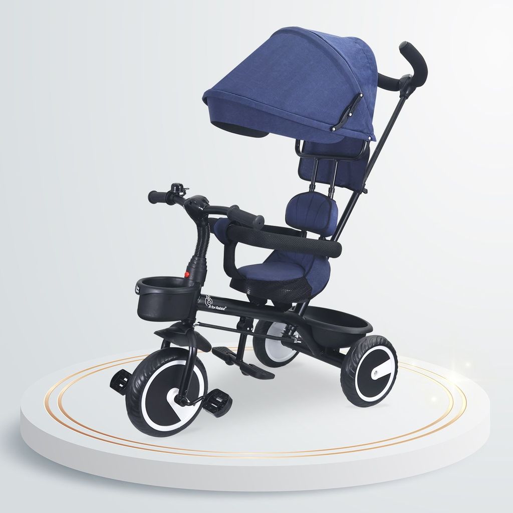 R for Rabbit Tiny Toes T30 Ace Tricycle - 3 In 1, Adjustable Parental Control & Canopy, Front & Rear Basket Denim Blue