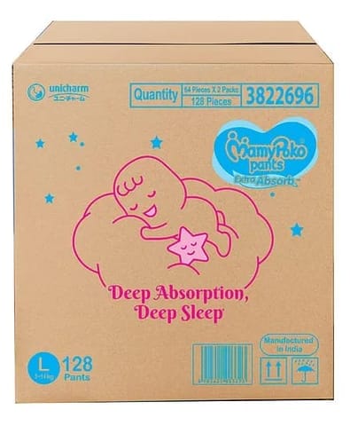 MamyPoko Pants Extra Absorb Baby Diaper Box, Large (9 - 14 kg), 128 Count
