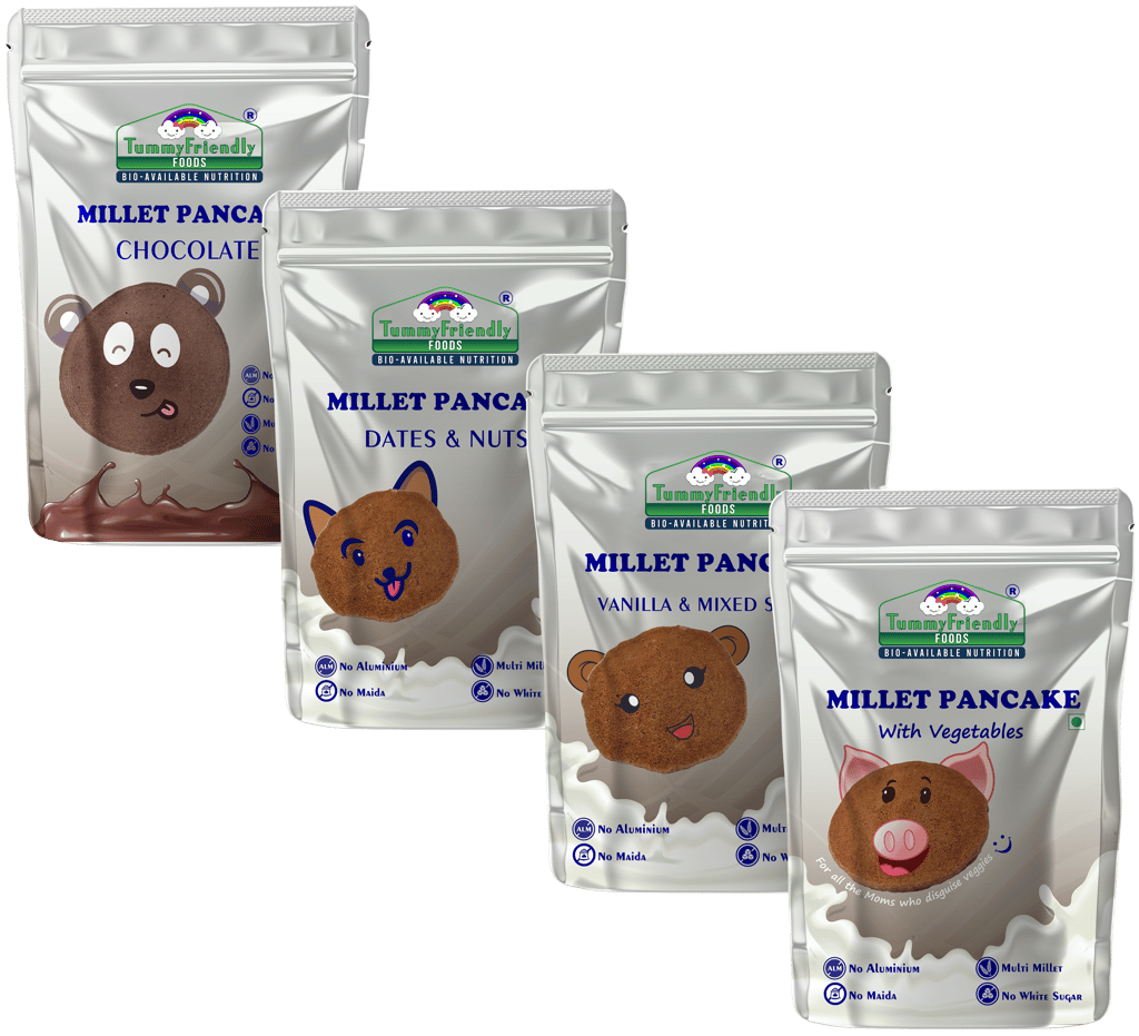 Tummy Friendly Foods Aluminium-Free Millet Pancake Mixes Trial Packs with Chocolate, Nuts, Veggies 50 g (Pack of 4)