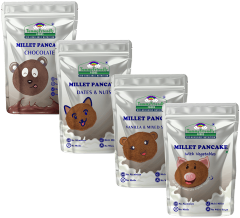 Tummy Friendly Foods Aluminium-Free Millet Pancake Mixes Trial Packs with Chocolate, Nuts, Veggies 50 g (Pack of 4)