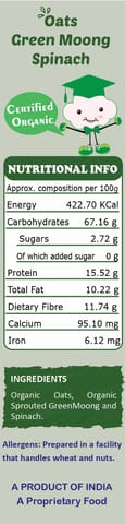 Tummy Friendly Foods Certified Organic Oats, Green Moong, Spinach Porridge Mix | Organic Baby Food for 8 Months Old | Made of Sprouted Whole Green Moong | Rich in Iron, Protein & Micro-Nutrients | 200g Cereal (200 g)