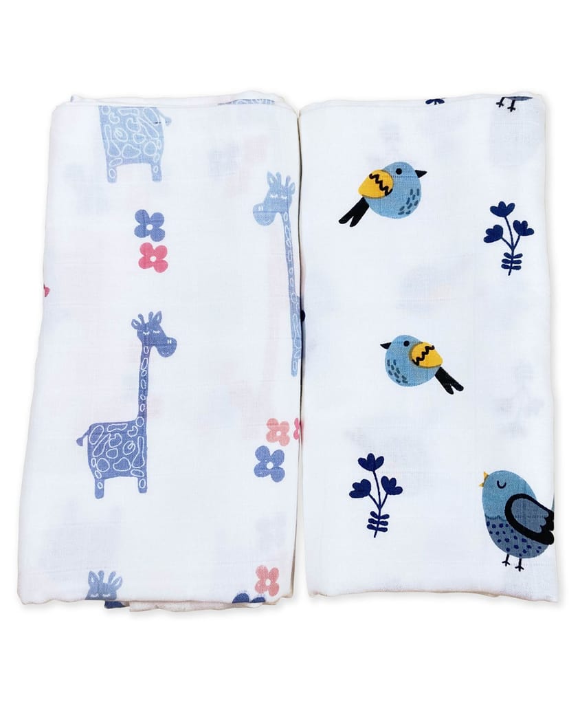 TinyLane 100% Organic Bamboo Cotton Muslin Baby Swaddle Wrappers Bird & Giraffe Print Pack of 2- Multicolor