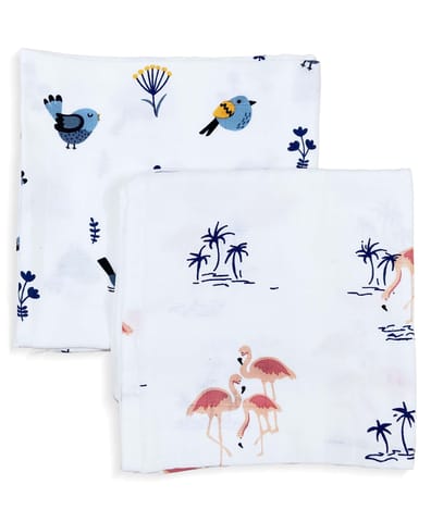 TinyLane 100% Organic Bamboo Cotton Muslin Baby Swaddle Wrappers Bird & Flamingo Print Pack of 2- Multicolor