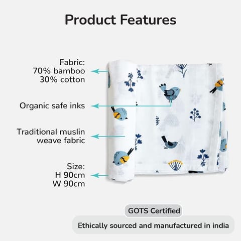 TinyLane 100% Organic Bamboo Cotton Muslin Baby Swaddle Wrapper Birds Print- Multicolor