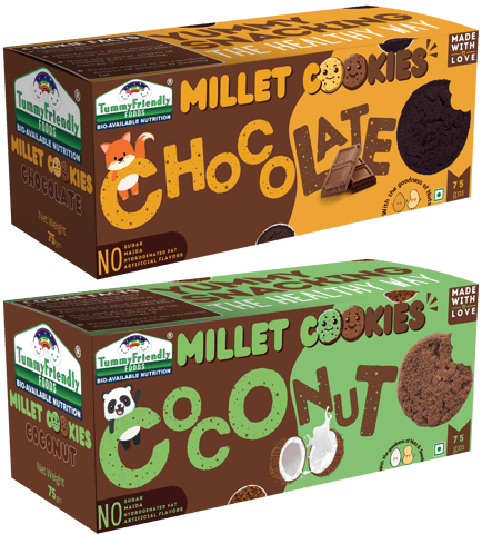 Tummy Friendly Foods Millet Cookies - Chocolate, Coconut - Pack of 2 - 75g each. Healthy Ragi Biscuits, snacks for Baby, Kids & Adults