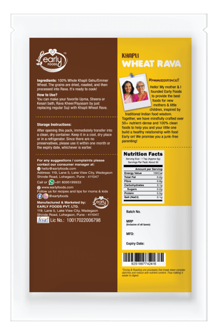 Early foods Whole Khapli Wheat Rava, 250g