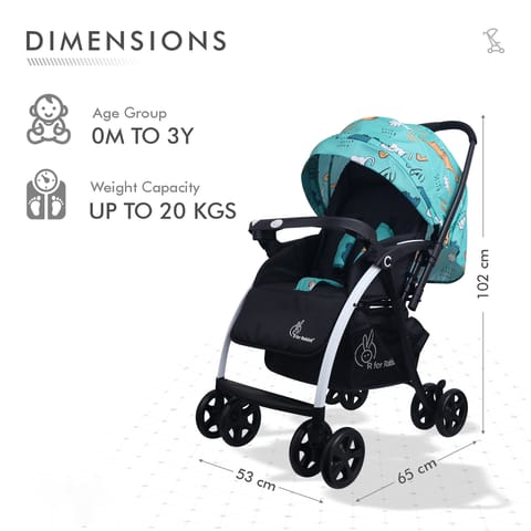 R for Rabbit Sugar Pop Stroller - 3 Position Seat Recline, Easy One Hand Fold, Reversible Handle, UV Resistant Sun Canopy Dino Blue