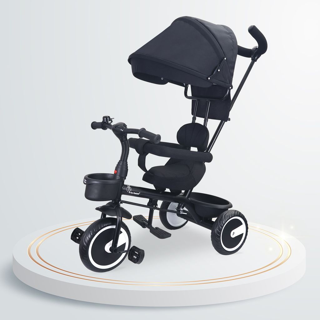 R for Rabbit Tiny Toes T30 Ace Tricycle - 3 In 1, Adjustable Parental Control & Canopy, Front & Rear Basket Black