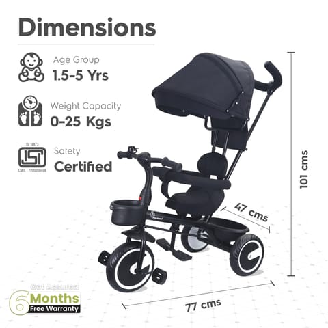 R for Rabbit Tiny Toes T30 Ace Tricycle - 3 In 1, Adjustable Parental Control & Canopy, Front & Rear Basket Black