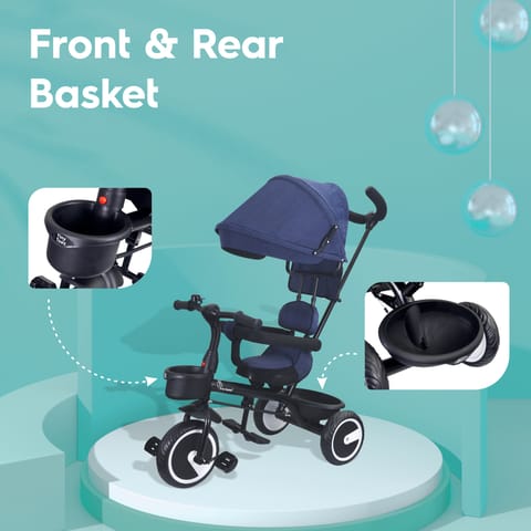 R for Rabbit Tiny Toes T30 Ace Tricycle - 3 In 1, Adjustable Parental Control & Canopy, Front & Rear Basket Denim Blue
