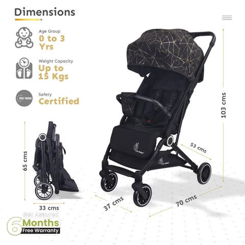 R for Rabbit Pocket Air Lite Stroller - One Hand Fold, Light Weight, Travel Friendly, Adjustable Canopy Black