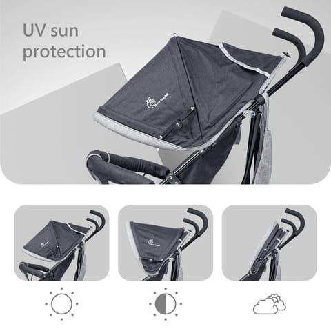 R for Rabbit Pixie Buggy Stroller - Easy To Fold & Store, UV Sun Protection Canopy, Rear Brakes, Storage Bag Blue Grey