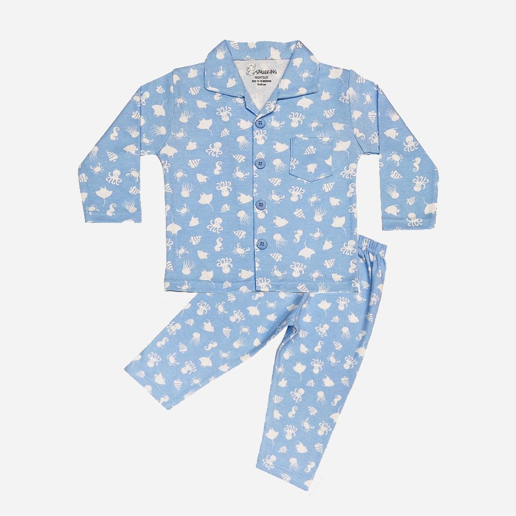 Snugkins Full Sleeves Baby Octopus Printed Pajamas | Night Suit | Sleep Wear for Baby/Kids | Boys and Girls | Fits 12-18 Months | Sky Blue