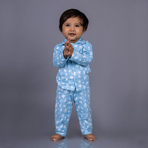 Snugkins Full Sleeves Baby Octopus Printed Pajamas | Night Suit | Sleep Wear for Baby/Kids | Boys and Girls | Fits 6-12 Months | Aqua Blue