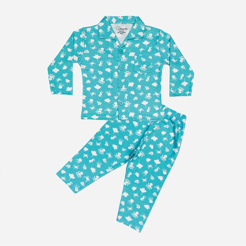 Snugkins Full Sleeves Baby Octopus Printed Pajamas | Night Suit | Sleep Wear for Baby/Kids | Boys and Girls | Fits 6-12 Months | Aqua Blue