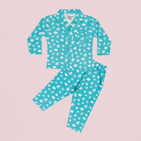 Snugkins Full Sleeves Baby Octopus Printed Pajamas | Night Suit | Sleep Wear for Baby/Kids | Boys and Girls | Fits 3-4 Years | Aqua Blue