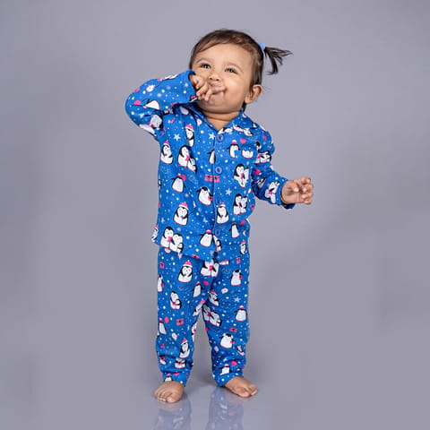 Snugkins Full Sleeves Baby Penguin Printed Pajamas | Night Suit | Sleep Wear for Baby/Kids | Boys and Girls | Fits 6-12 Months | Navy Blue