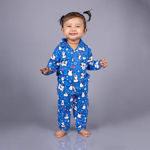 Snugkins Full Sleeves Baby Penguin Printed Pajamas | Night Suit | Sleep Wear for Baby/Kids | Boys and Girls | Fits 6-12 Months | Navy Blue