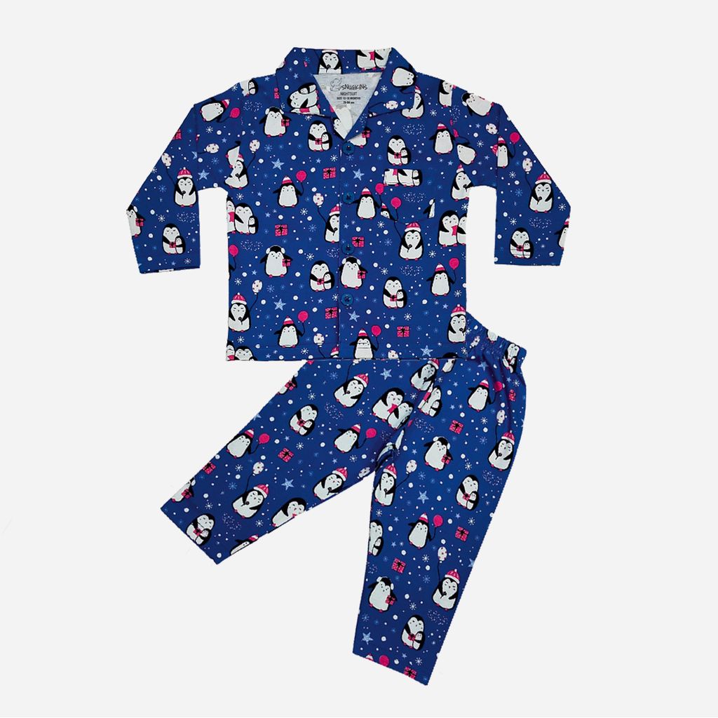 Snugkins Full Sleeves Baby Penguin Printed Pajamas | Night Suit | Sleep Wear for Baby/Kids | Boys and Girls | Fits 12-18 Months | Navy Blue