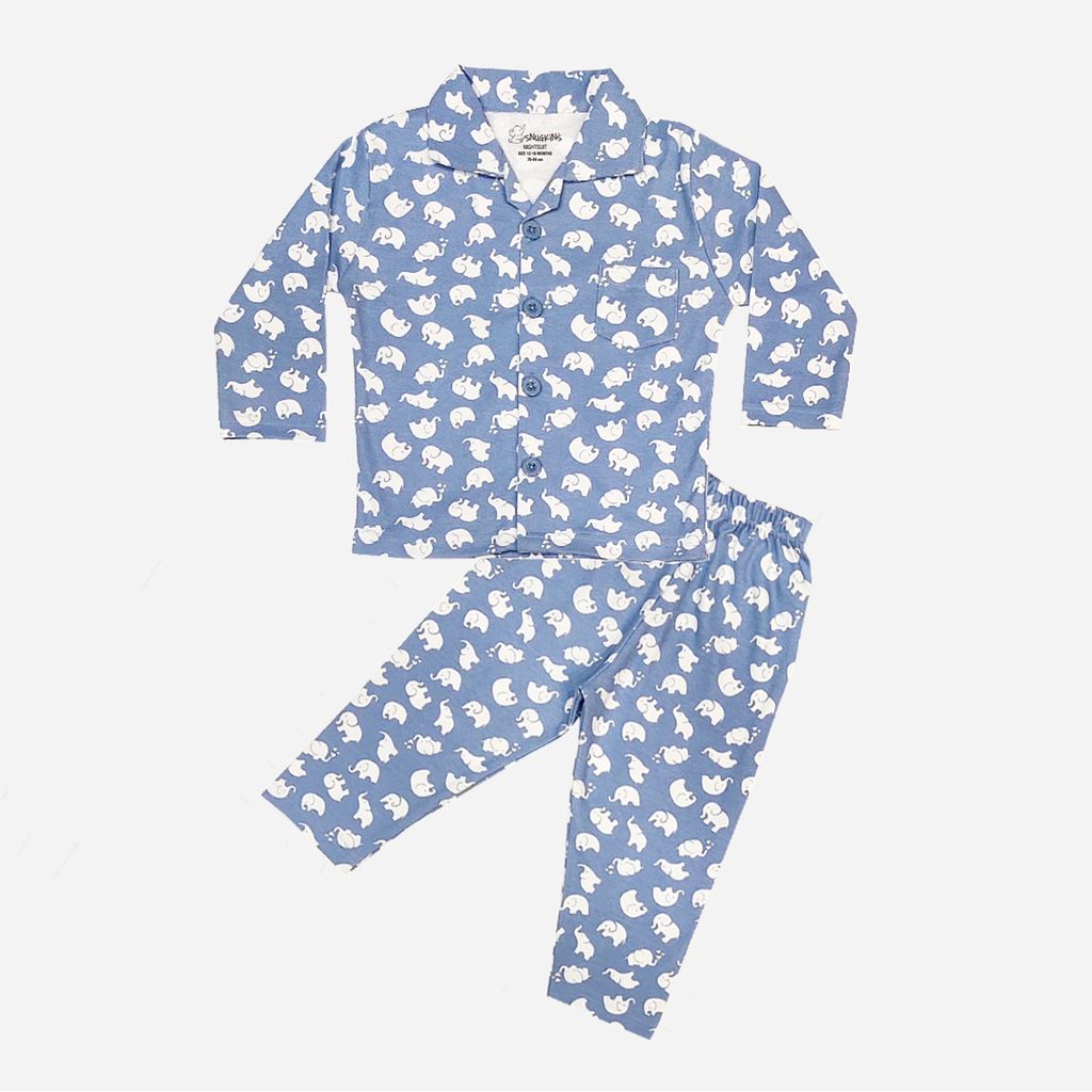Snugkins Full Sleeves Baby Elephant Printed Pajamas | Night Suit | Sleep Wear for Baby/Kids | Boys and Girls | Fits 2-3 Years | Light Blue