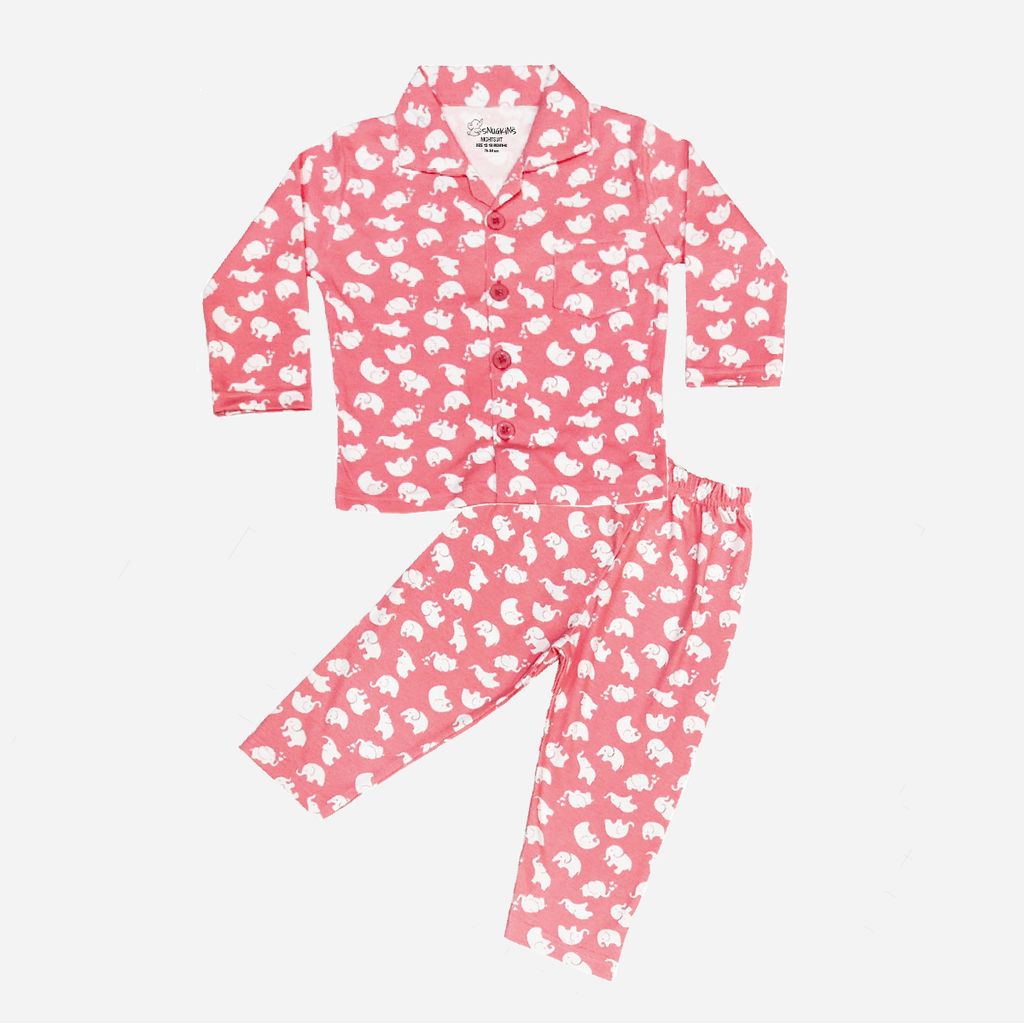 Snugkins Full Sleeves Baby Elephant Printed Pajamas | Night Suit | Sleep Wear for Baby/Kids | Boys and Girls | Fits 3-4 Years | Red