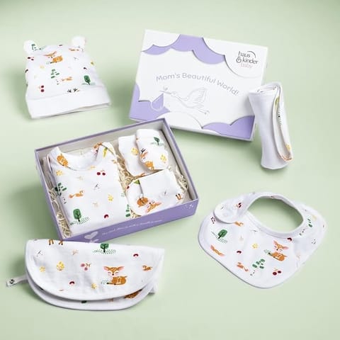 haus & kinder Baby Clothing Set All New Born Combo - Pack Of 5 | Essential Newborn Apparel | Baby Clothing Gift Set | Newborn Shower Gift | Newborn Gift Collection | Woodland Animal, White