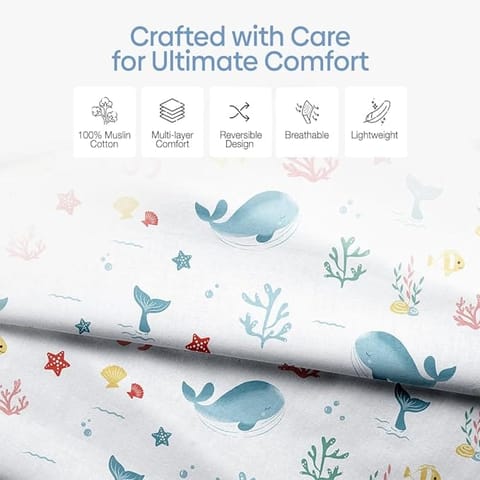 haus & kinder 100% Cotton Reversible Muslin Blanket For Newborn Baby Boy And Girl, Triple Layer Blanket 0-3 Years, Size- 120 Cm X 120 Cm (Vitamin Sea, Blue), 200 TC