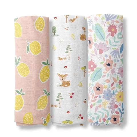 haus & kinder Muslin Swaddles For New Born Pack Of 3 Citrus Groove Collection 100% Cotton | Muslin Baby Swaddle Wrap For New Born | Size 100 Cm By 100 Cm(Pineapple, Woodland, Ditsy Bloom), Multicolor