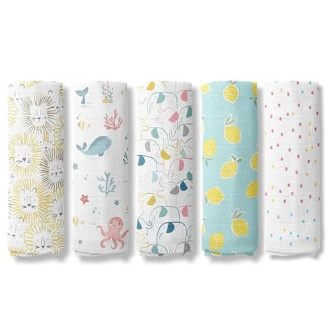 haus & kinder Dream Safari Collection 100% Cotton Muslin Baby Swaddles Wrap for Newborn Baby, Size 100cm x 100cm, Pack of 5 (Lion, Elephant, Dots,Ocean, Lemon)