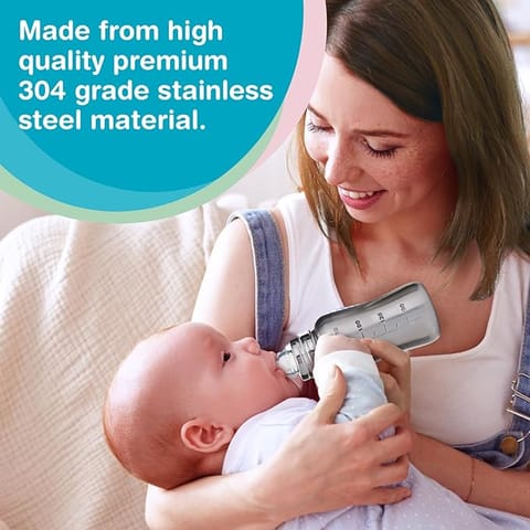 Vega Baby & Mom Steel Feeding Bottle 240ml Regular Neck, Stainless Steel, Rust Resistant, BPA Free, Suitable for 4+ Month Baby, (VBFB4-06)