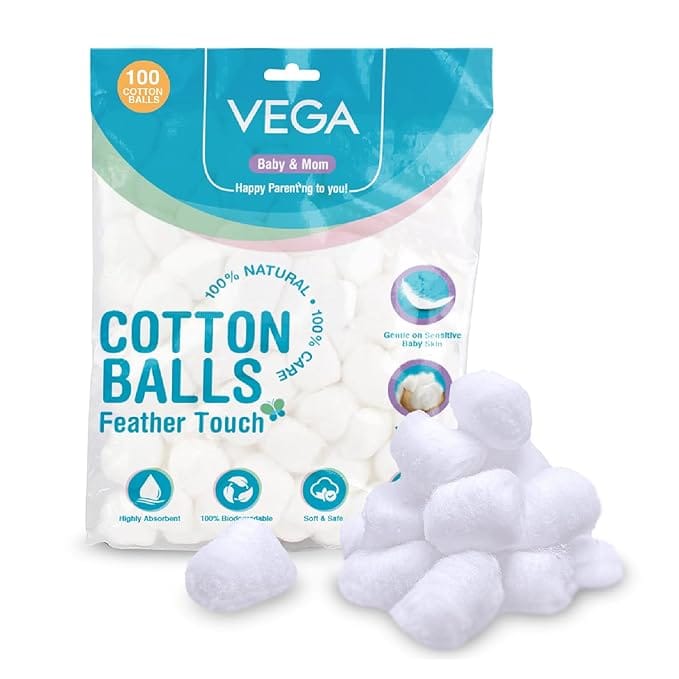 Vega Baby & Mom Cotton Balls- 100 pcs | Maintain Your Baby's Hygiene & Care | 100% Cotton |100% Care | Helps Gently Clean Baby Skin, (VBHA3-06)