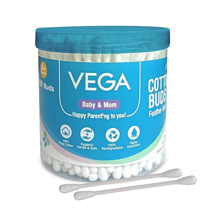 Vega Baby & Mom Cotton Buds (200 Buds, 400 Tips) (PP Can) | for Baby's Hygiene & Care | 100% Cotton |100% Care | Gently Clean Baby Skin | Convenient Pack Sizes, (VBHA3-04)