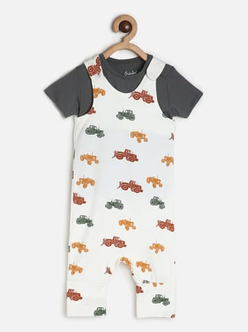 Chayim Baby Lowcrotch Dungaree Set Granite Grey, Vehicle Print