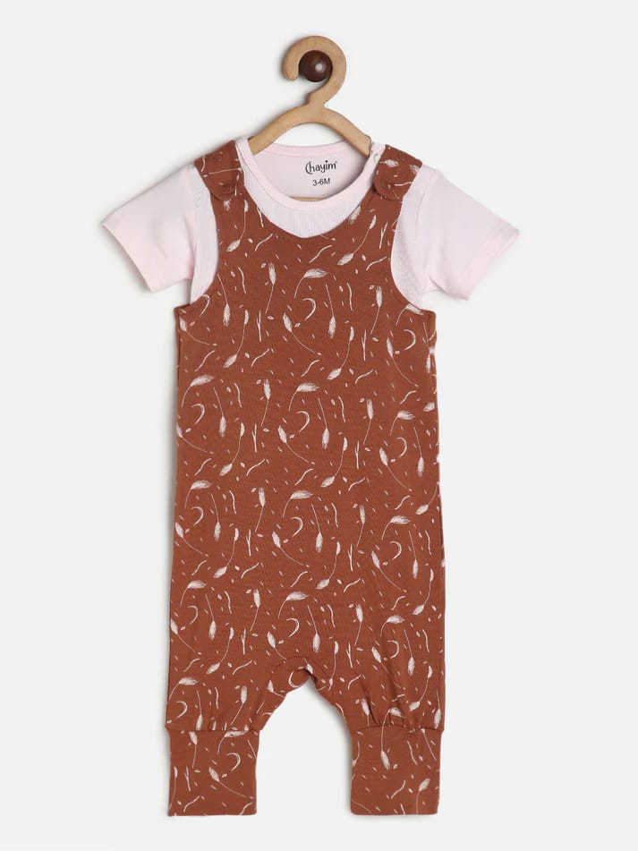 Chayim Baby Lowcrotch Dungaree Set Pink, Leaf Print