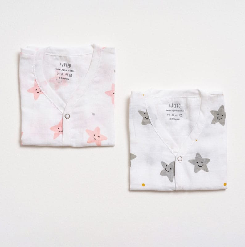 Aariro Muslin Jhabla set - Peach Smiley Star (2 Pcs)