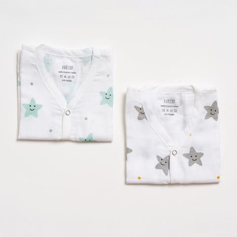 Aariro Muslin Jhabla set - Mint Smiley Star (2 Pcs)