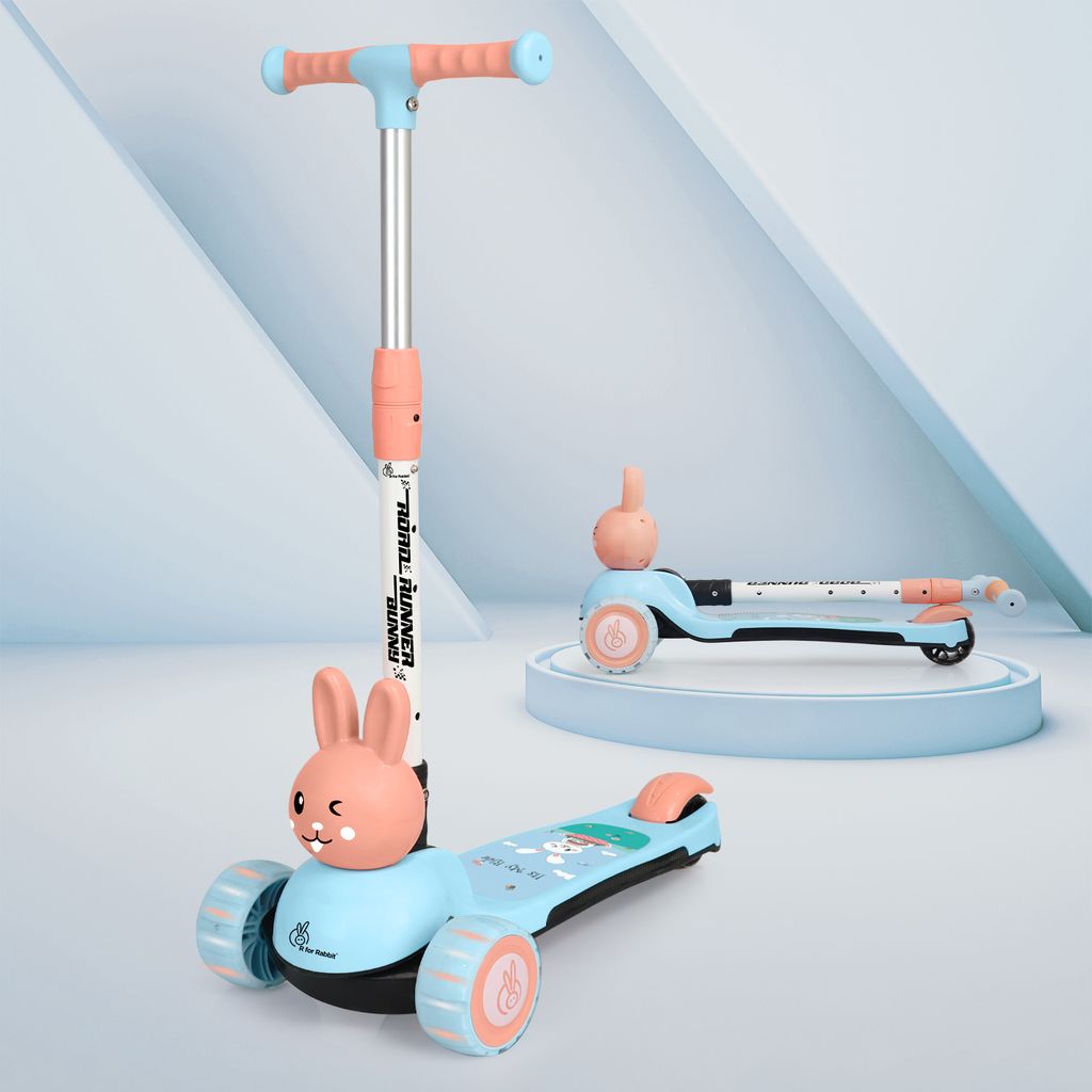 R for Rabbit Road Runner Bunny Scooter For Kids With PU LED Wheels Blue Peach