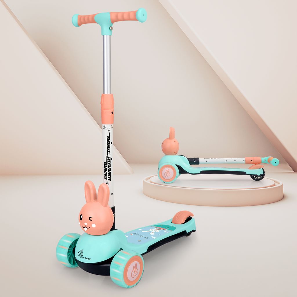 R for Rabbit Road Runner Bunny Scooter For Kids With PU LED Wheels Green Peach