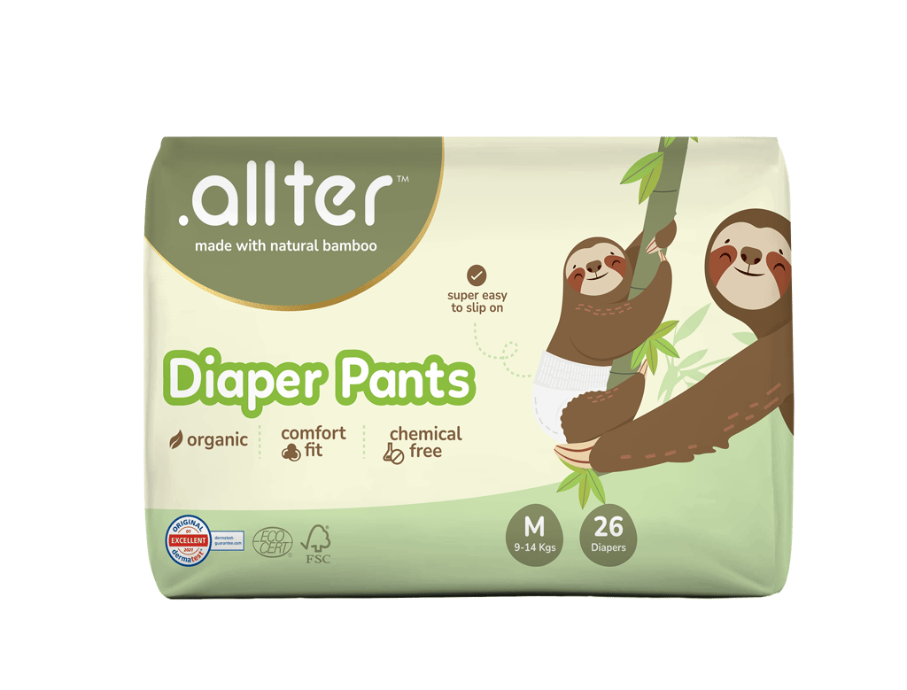 Allter Organic Bamboo Pant Style Diapers Medium Size (9-14 kg) | Rash Free, Super Absorbent, 3X Softer, Wetness Indicator | Explorer | 26 Count (Pack of 1)