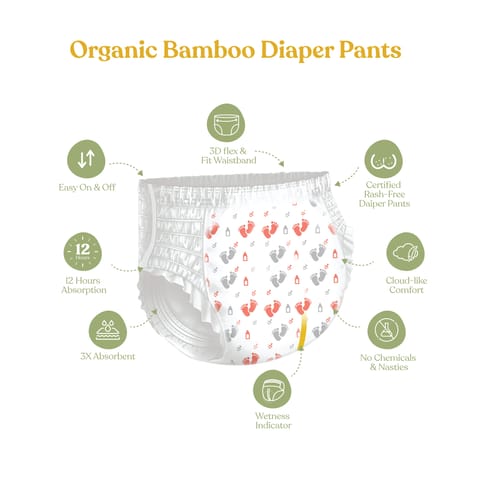 Allter Organic Bamboo Pant Style Diapers Medium Size (9-14 kg) | Rash Free, Super Absorbent, 3X Softer, Wetness Indicator | Explorer | 26 Count (Pack of 1)