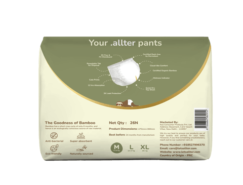 Allter Organic Bamboo Pant Style Diapers Medium Size (9-14 kg) | Rash Free, Super Absorbent, 3X Softer, Wetness Indicator | Explorer | 26 Count (Pack of 1)