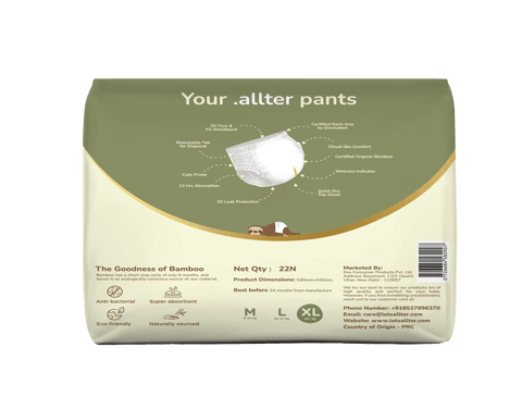 Allter Organic Bamboo Pant Style Diapers Extra-Large Size (16+ kg) | Rash Free, Super Absorbent, 3X Softer, Wetness Indicator | Explorer | 22 Count (Pack of 1)