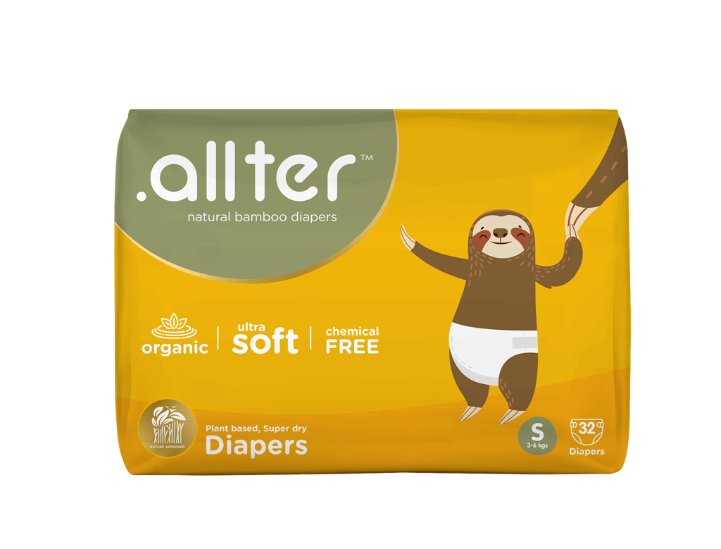Allter Organic Bamboo Diapers 3-6 kg, Small (S) Size | Rash Free, Super Dry, Quick Absorb, Taped Style, Ultra Soft, Diapers | EXPLORER| 32 Count (Pack of 1)
