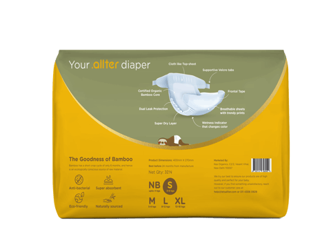 Allter Organic Bamboo Diapers 3-6 kg, Small (S) Size | Rash Free, Super Dry, Quick Absorb, Taped Style, Ultra Soft, Diapers | EXPLORER| 32 Count (Pack of 1)