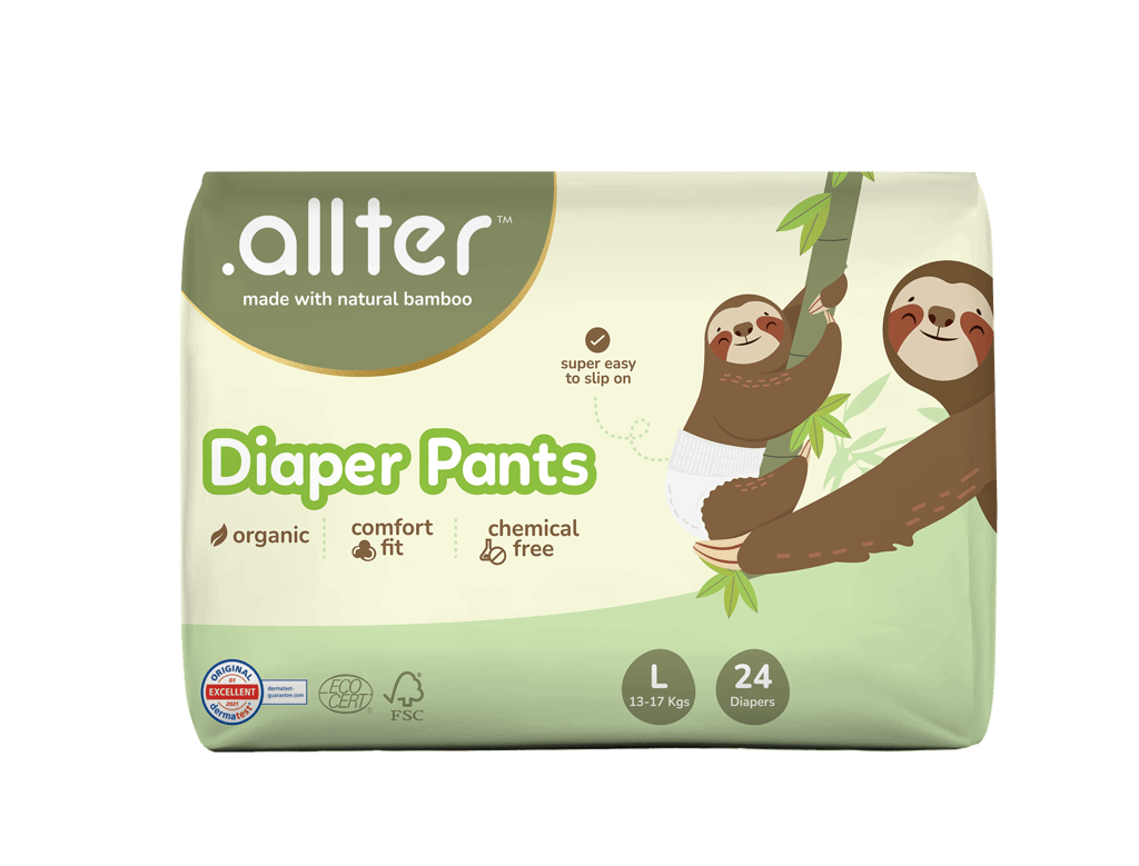 Allter Organic Bamboo Pant Style Diapers Large Size (13-17 kg) | Rash Free, Super Absorbent, 3X Softer, Wetness Indicator | Feet | 24 Count (Pack of 1)