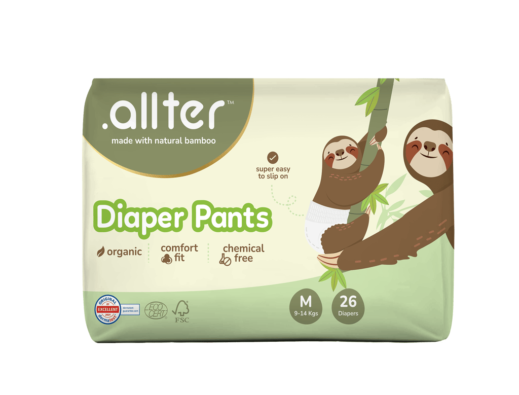 Allter Organic Bamboo Pant Style Diapers Medium Size (9-14 kg) | Rash Free, Super Absorbent, 3X Softer, Wetness Indicator | Feet | 26 Count (Pack of 1)