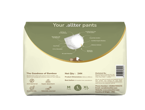 Allter Organic Bamboo Pant Style Diapers Large Size (13-17 kg) | Rash Free, Super Absorbent, 3X Softer, Wetness Indicator | Explorer | 24 Count (Pack of 1)