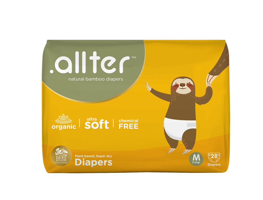 Allter Organic Bamboo Diapers 5-8 kg, Medium (M) Size | Rash Free, Super Dry, Quick Absorb, Taped Style, Utra Soft Diapers | FEET | 28 Count (Pack of 1)